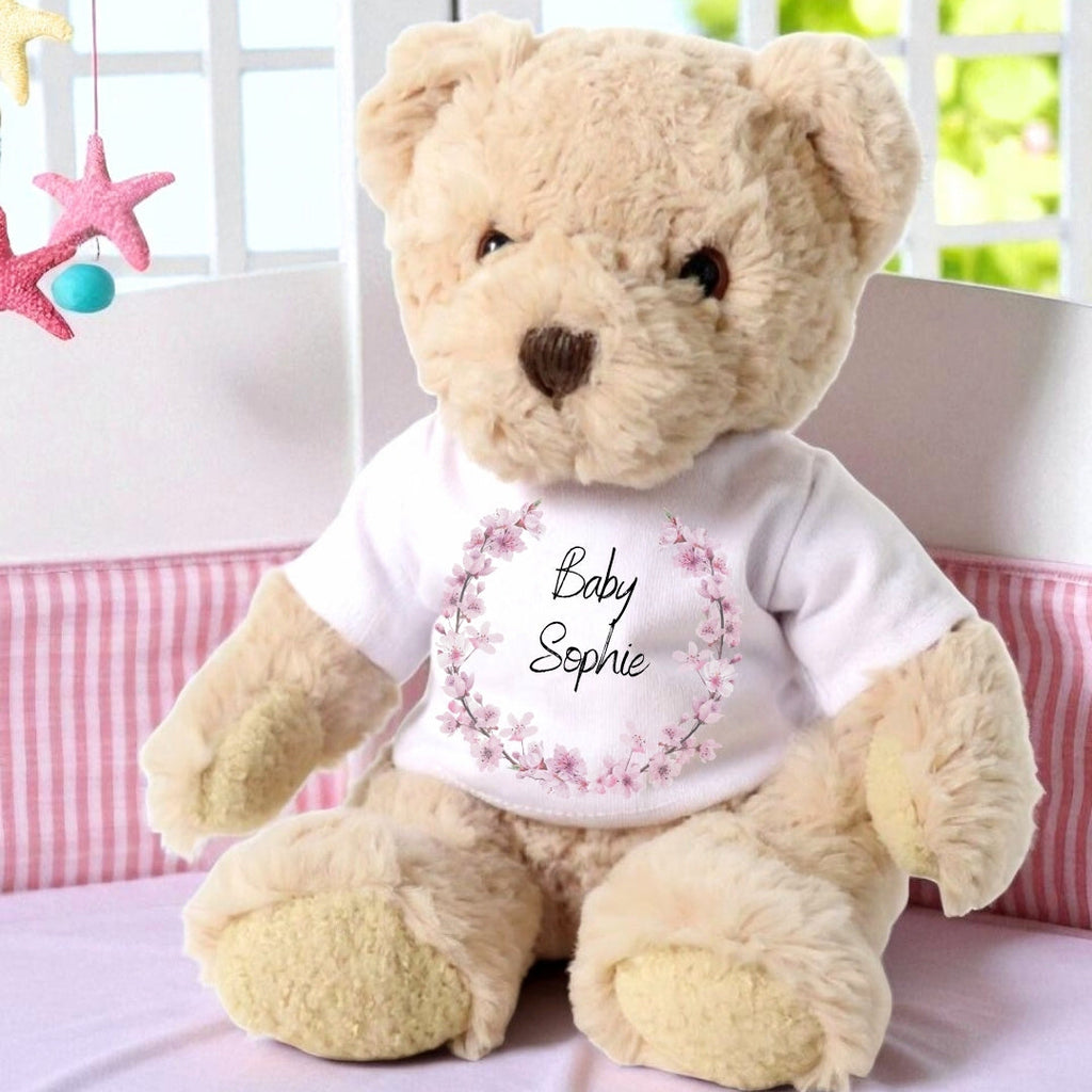 Personalised Luxury Teddy Bear with Pink Blossom T-Shirt | Baby Gifts | Inspired Creative Gifts