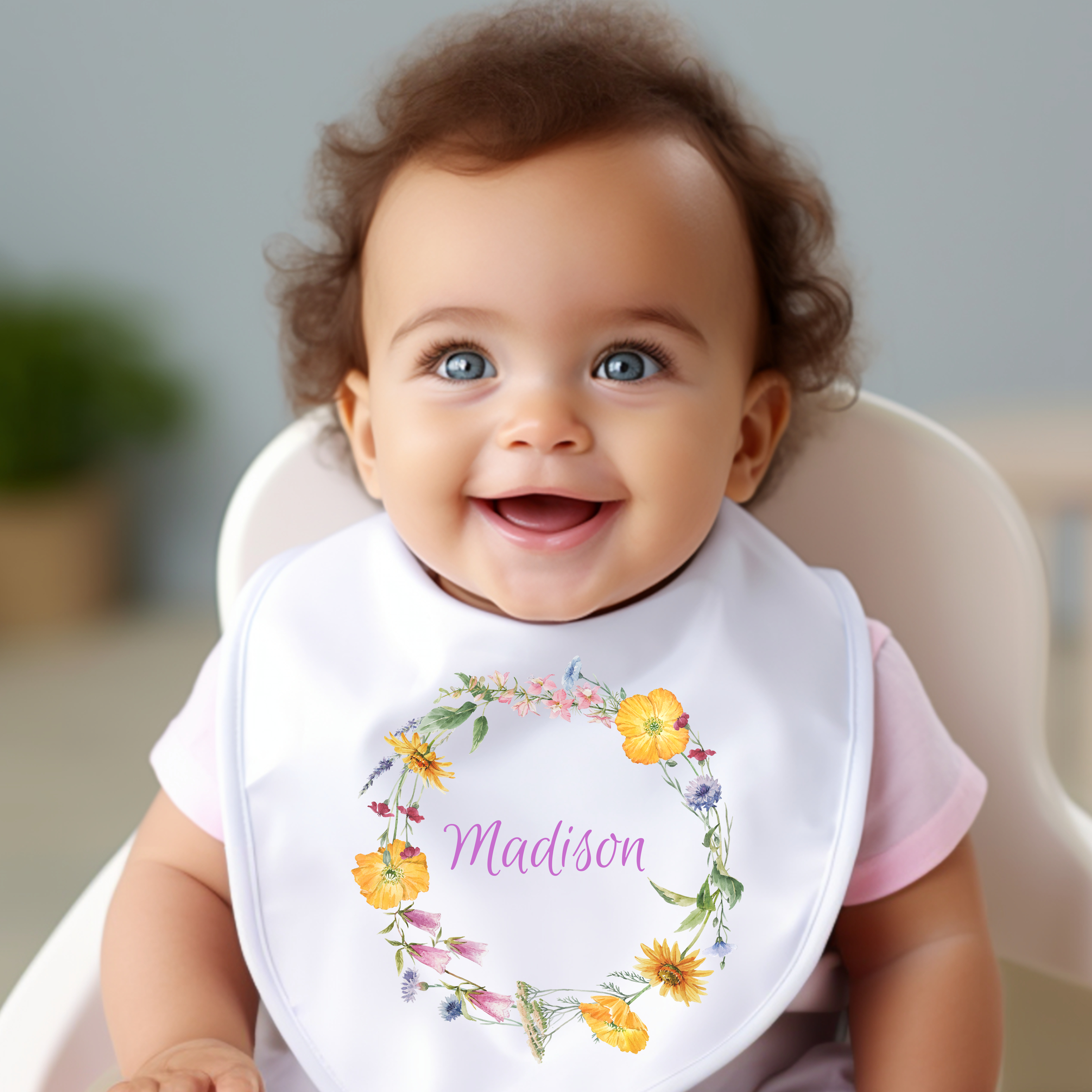 Personalised Colourful Flowers Baby Outfit: Bib, Vest, Grow