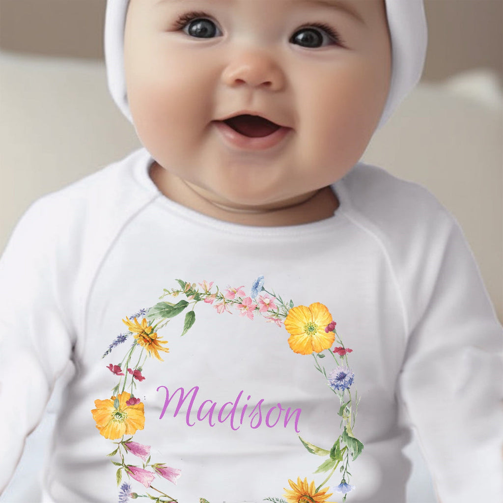 Personalised Colourful Flowers Baby Outfit: Bib, Vest, Grow | Baby Gifts | Inspired Creative Gifts