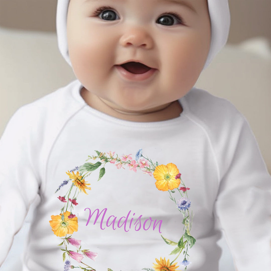 Personalised Colourful Flowers Baby Outfit: Bib, Vest, Grow | Baby Gifts | Inspired Creative Gifts