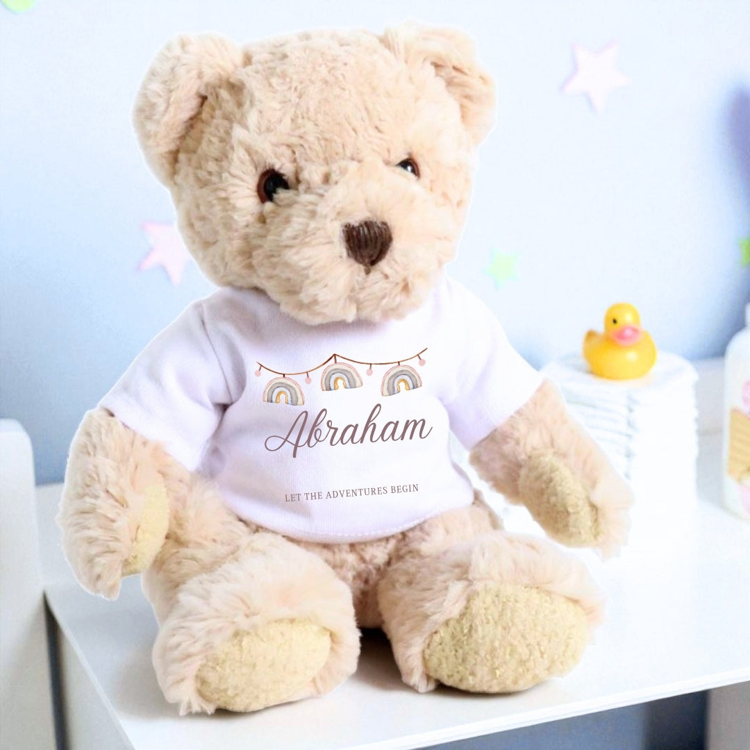 Personalised Luxury Teddy Bear with Rainbow Bunting T-Shirt