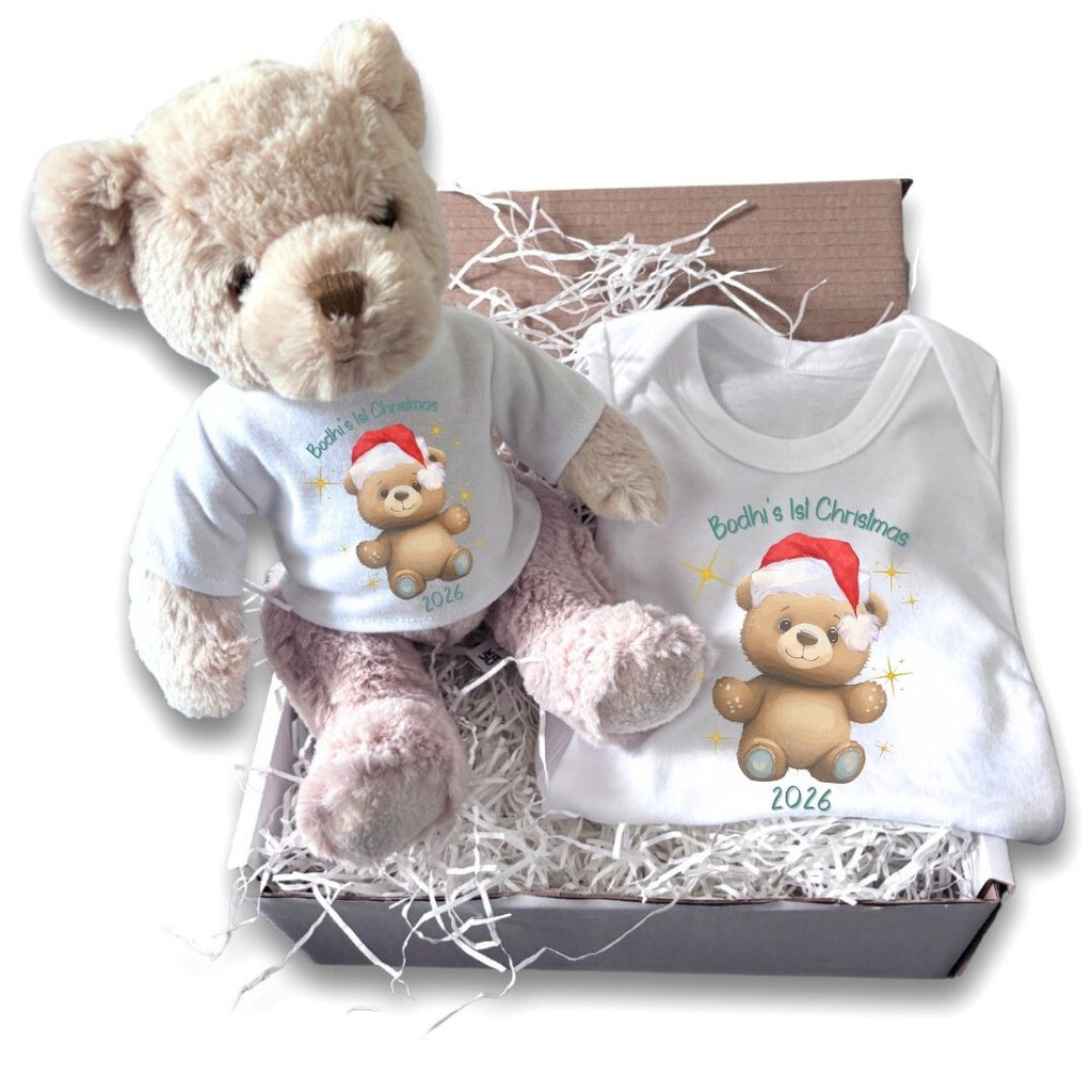 Personalised Happy 1st Christmas Teddy Gift Hamper Baby Gift Hamper - Teddy & Vest