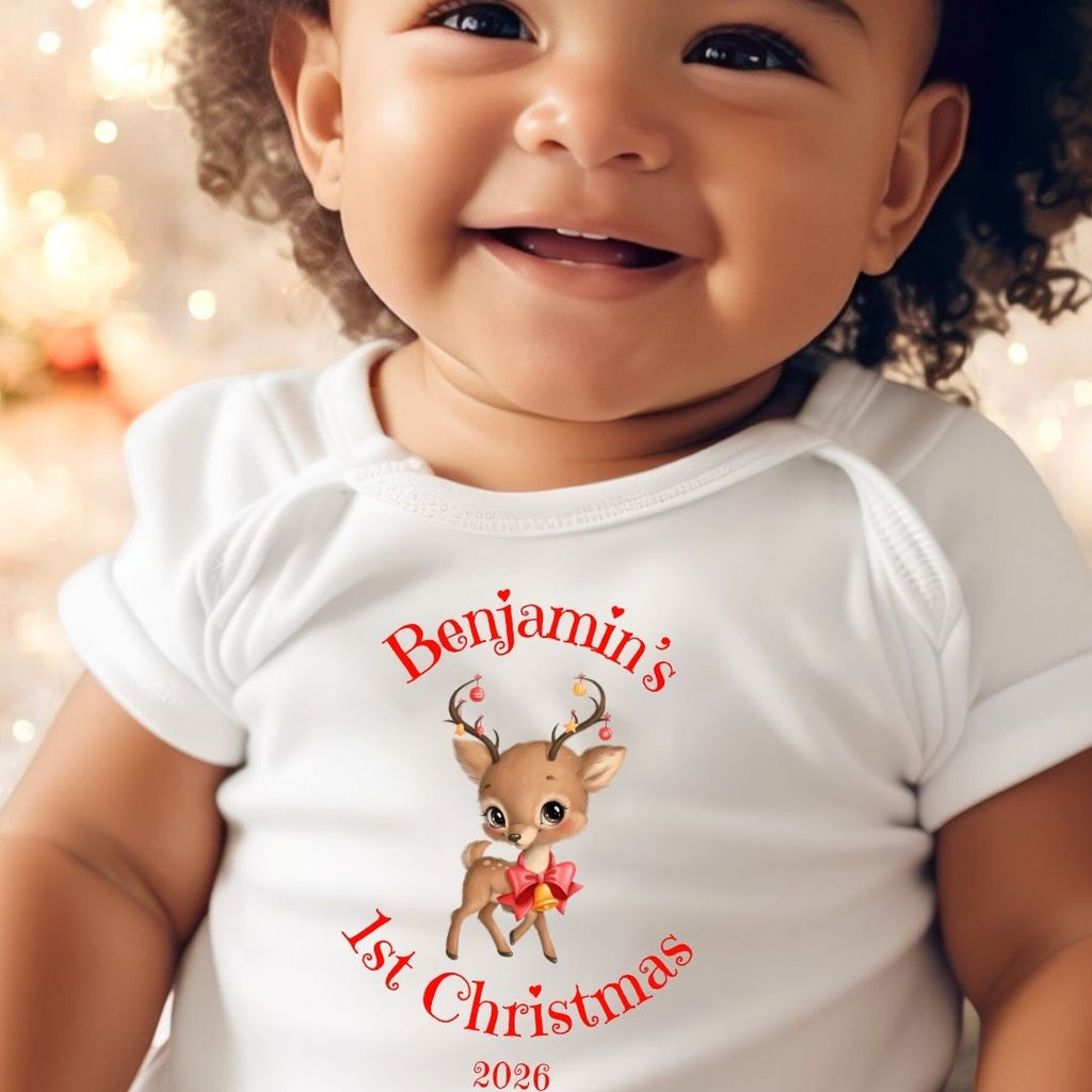 Personalised 1st Christmas Reindeer Babygrow | Name Vest or Bib UK