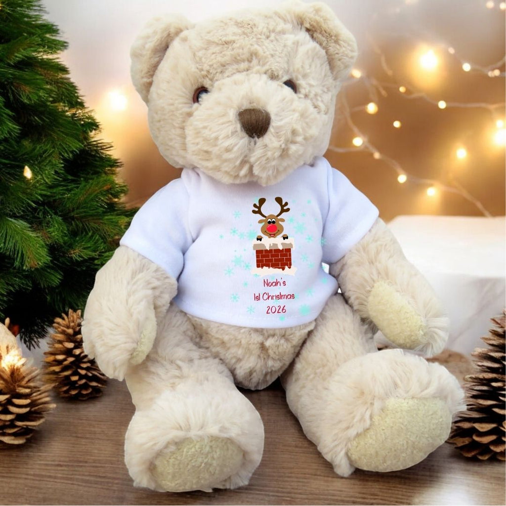 Personalised Luxury Teddy Bear 1st Christmas 2025 Rudolph T-shirt