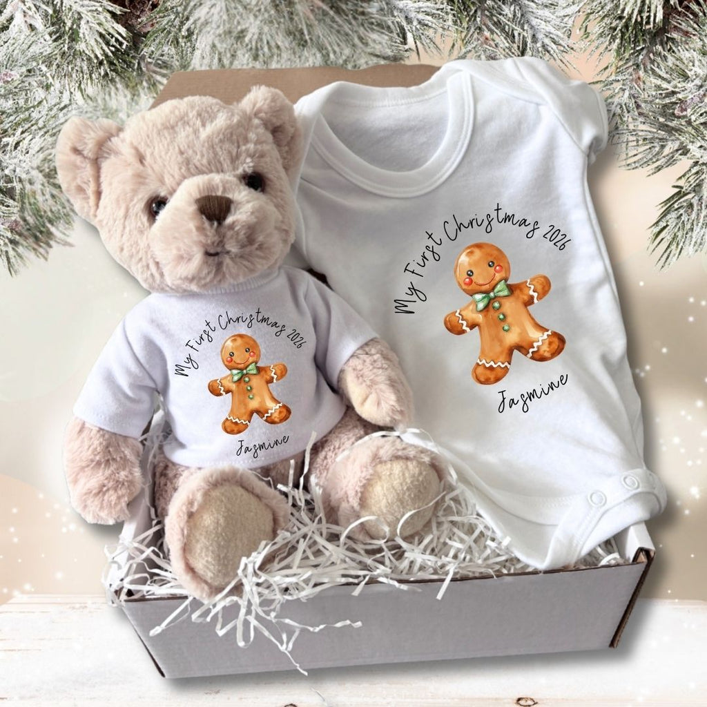 Personalised Christmas Gingerbread Man Hamper Baby Gift Hamper - Teddy & Vest