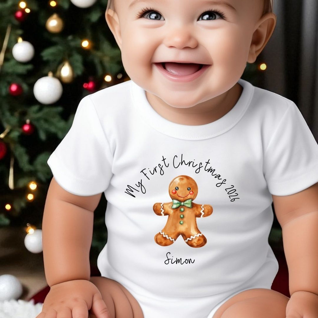 Personalised Christmas Gingerbread Baby Grow, Vest or Bib with Name