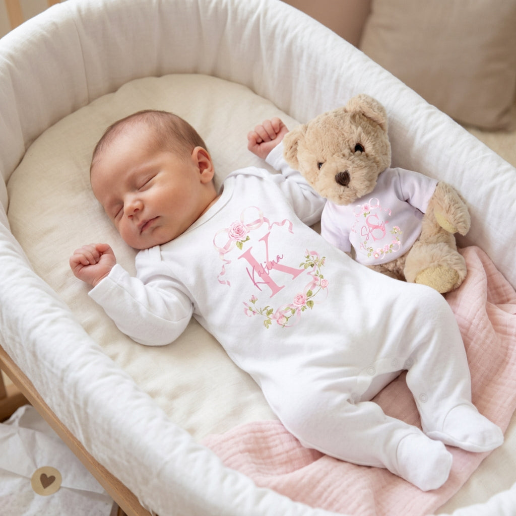 Personalised Pink Roses Baby Gift Hamper - Teddy & Vest | Gift Box Baby | Inspired Creative Gifts