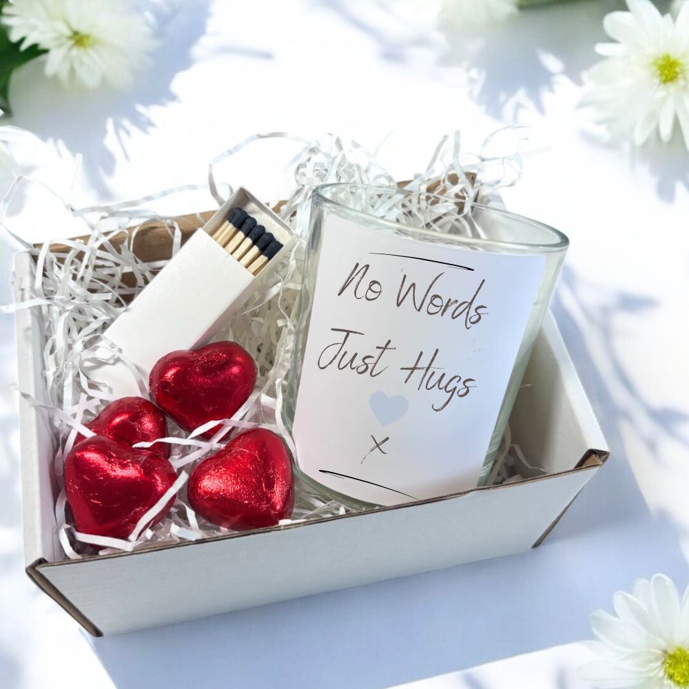 Personalised vanilla Scent Candle Gift Set: Hugs, Chocolate Hearts