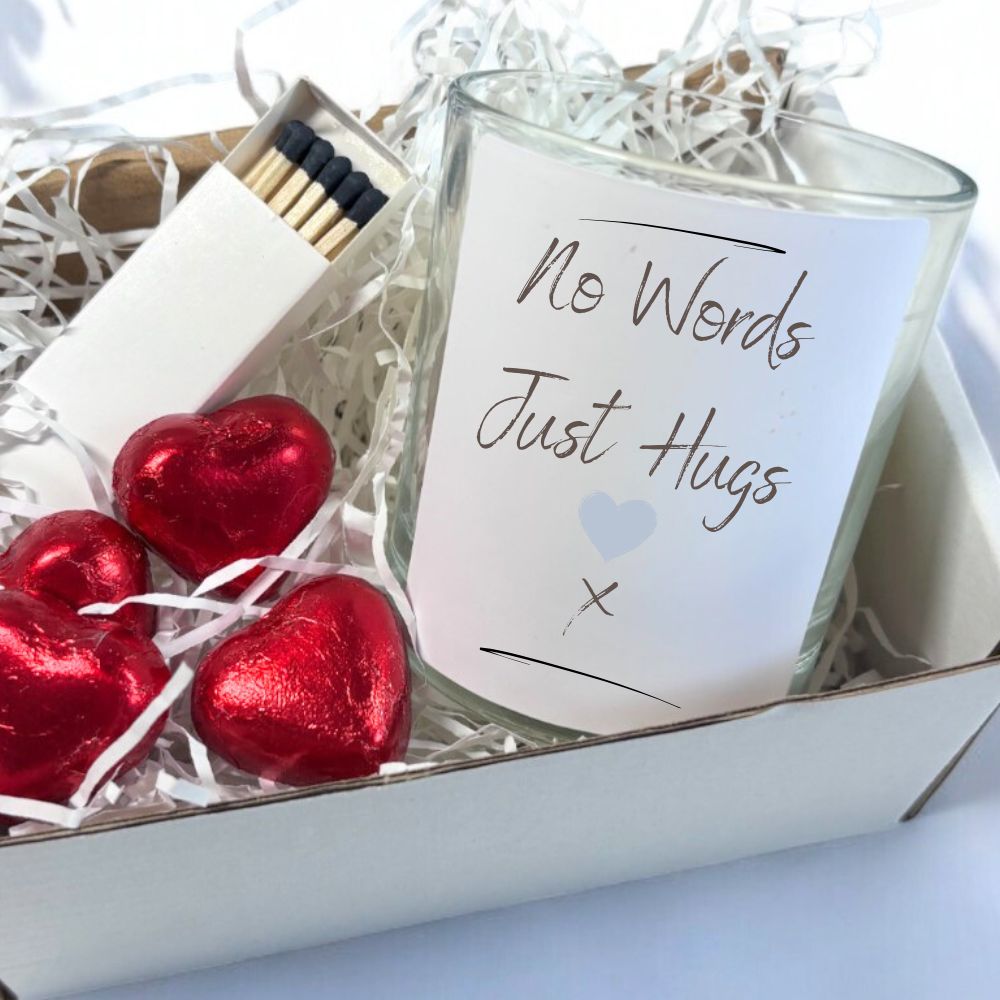 Personalised vanilla Scent Candle Gift Set: Hugs, Chocolate Hearts