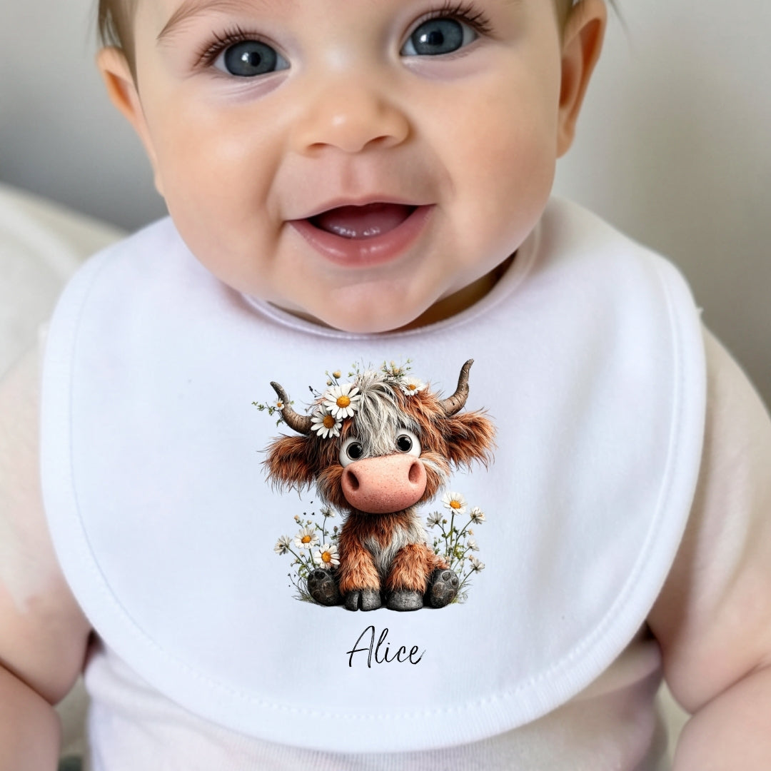 Personalised Daisy Highland Cow Baby Grow, Vest or Bib with Name