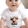 Personalised Daisy Highland Cow Baby Grow, Vest or Bib with Name