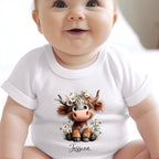 Personalised Daisy Highland Cow Baby Grow, Vest or Bib with Name