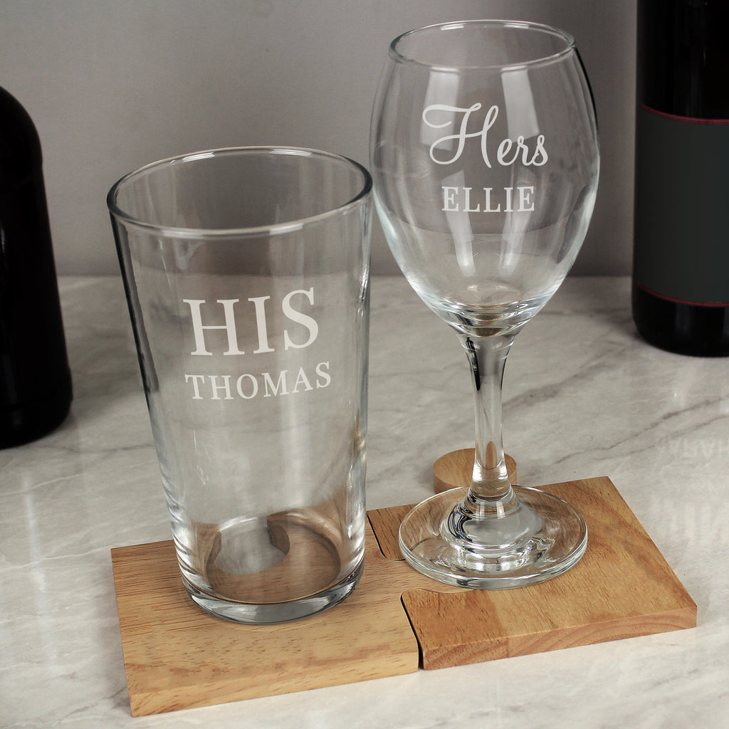 Personalised His & Her Pint and Wine Glass Set - Glass Sets - Inspired Creative Gifts