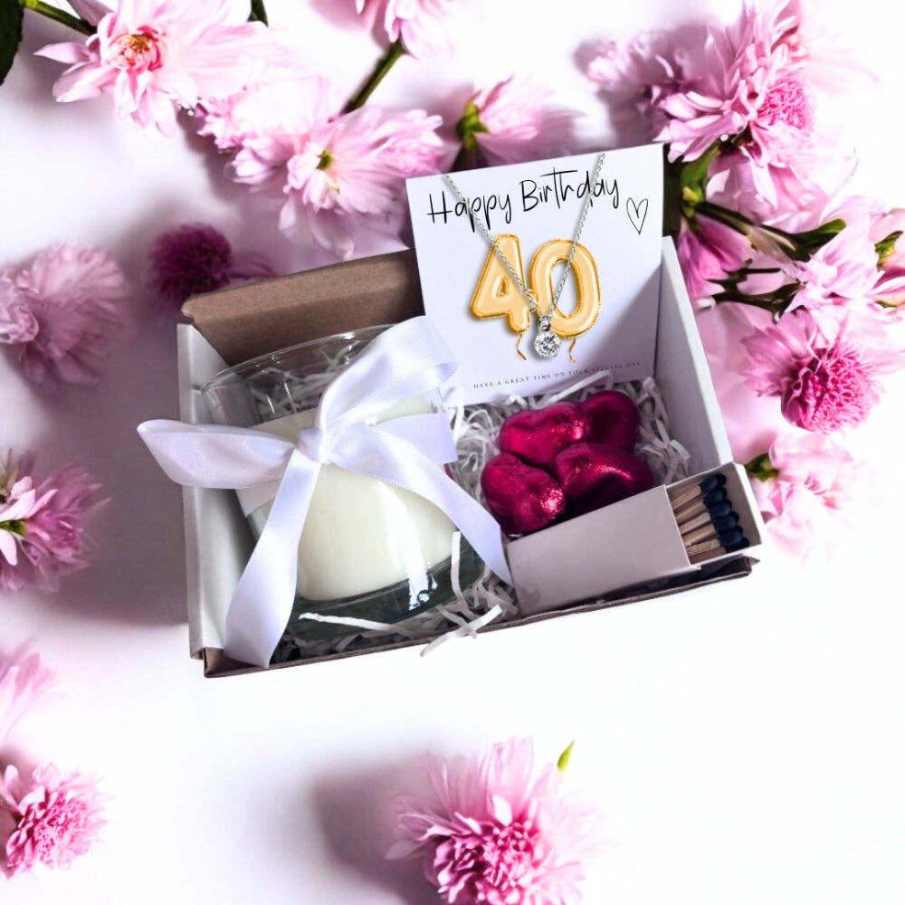 Small 40th Birthday Gold Balloon Hamper | Candle, Necklace, Chocolates