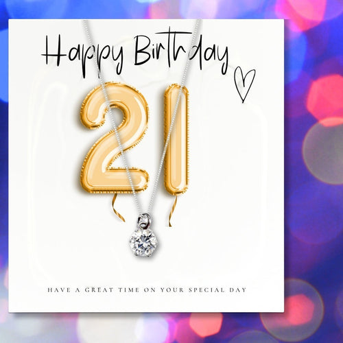 21st Birthday Cubic Zirconia Necklace & Gold Balloons Mini Hamper