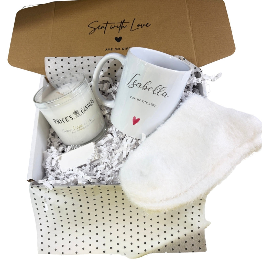 Personalised Pink Flowers Heart Name Mug, Candle & Socks Gift Hamper | Ceramics
