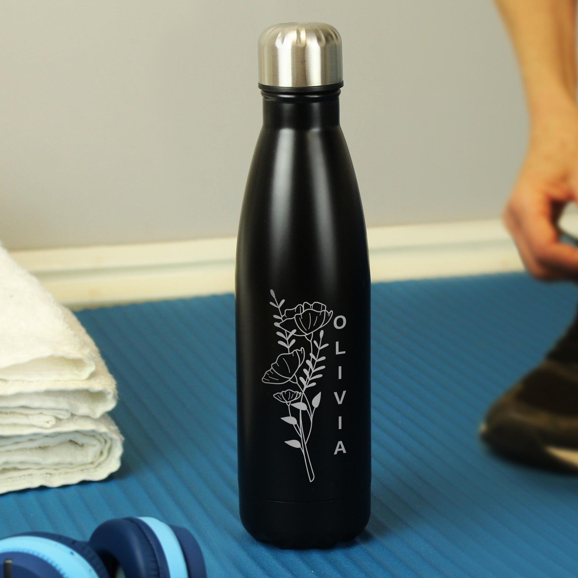 Personalised Floral Black Metal Insulated Drinks Bottle | Birthday Name Bottle | Custom Name - Water Bottle - Inspired Creative Gifts