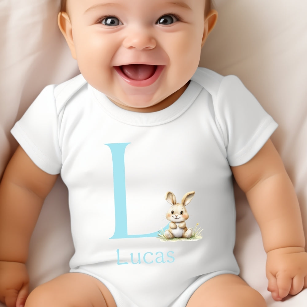 Personalised Blue Initial Baby Bunny Outfit: Bib, Vest, Baby Grow