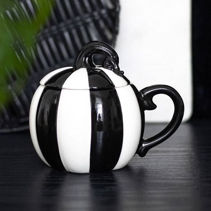 Black and White Striped Pumpkin Lidded Mug - Mugs - Inspired Creative Gifts