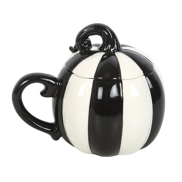 Black and White Striped Pumpkin Lidded Mug - Mugs - Inspired Creative Gifts
