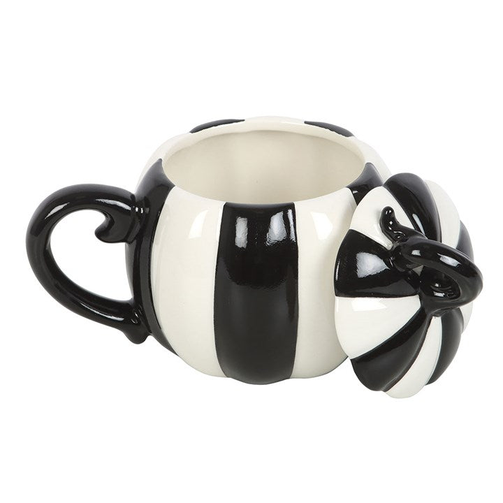 Black and White Striped Pumpkin Lidded Mug - Mugs - Inspired Creative Gifts