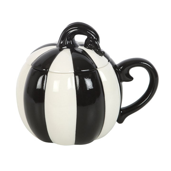 Black and White Striped Pumpkin Lidded Mug - Mugs - Inspired Creative Gifts
