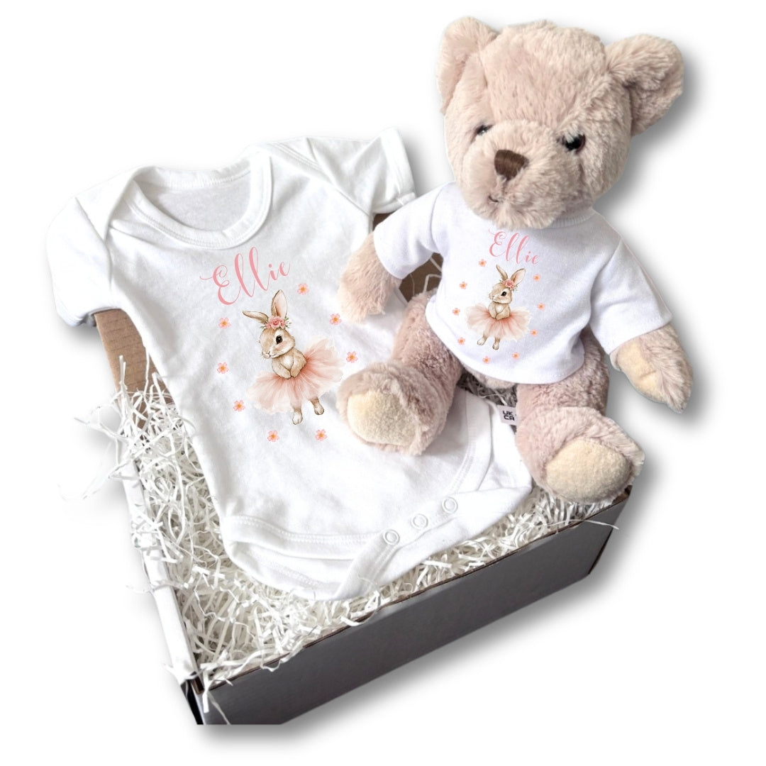 Personalised Ballet Bunny Baby Gift Hamper - Teddy & Vest | Gift Box Baby | Inspired Creative Gifts
