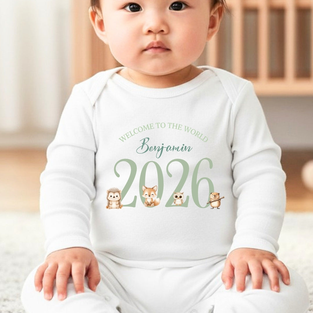 Personalised Woodland Animals 2026 Baby Grow, Vest or Bib with Name | Baby Gifts | Inspired Creative Gifts
