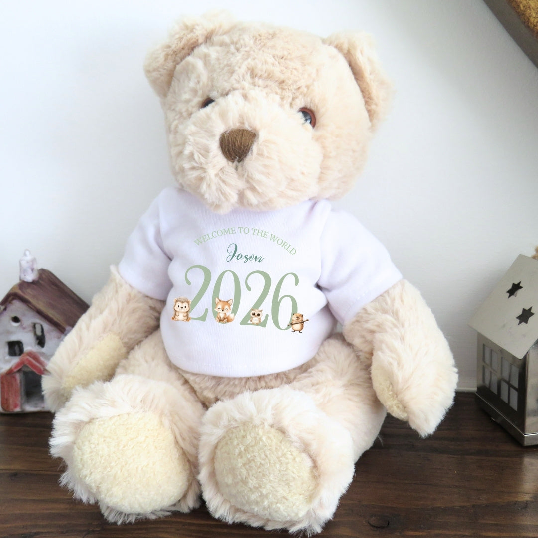 Personalised Luxury Teddy Bear with Green Woodland Animals T-Shirt | Baby Gifts