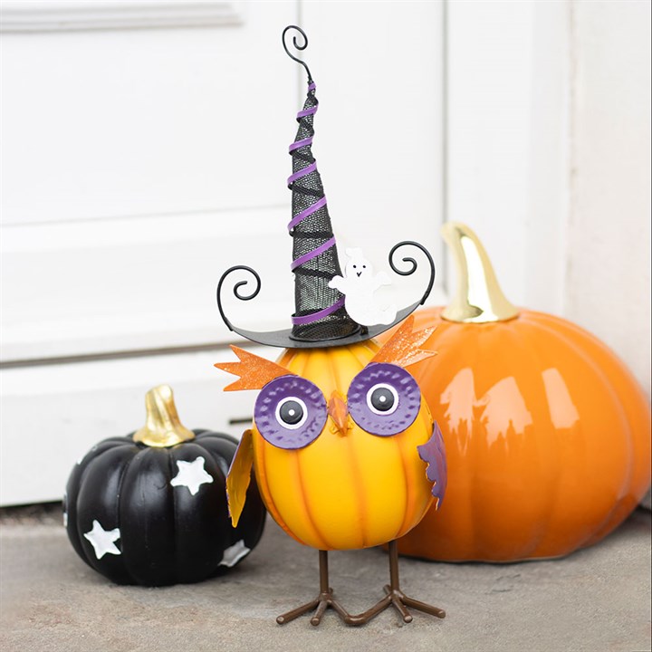 Orange Metal Owl Ornament with Witch Hat and Ghost - Ornaments - Inspired Creative Gifts