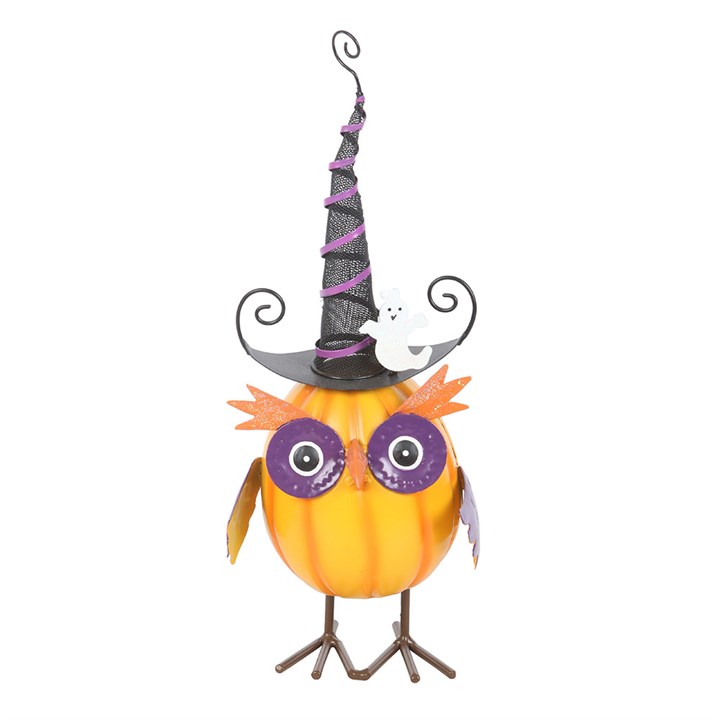 Orange Metal Owl Ornament with Witch Hat and Ghost - Ornaments - Inspired Creative Gifts