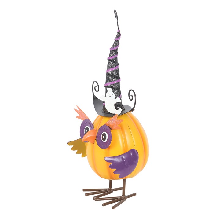 Orange Metal Owl Ornament with Witch Hat and Ghost - Ornaments - Inspired Creative Gifts