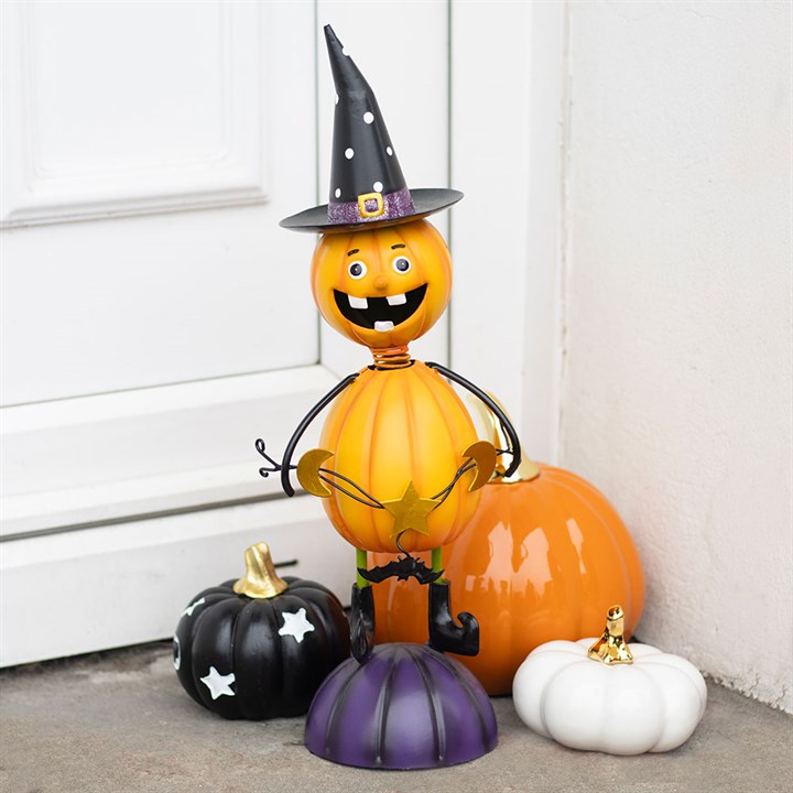 Orange Metal Pumpkin Man Ornament with Witch Hat - Ornaments - Inspired Creative Gifts