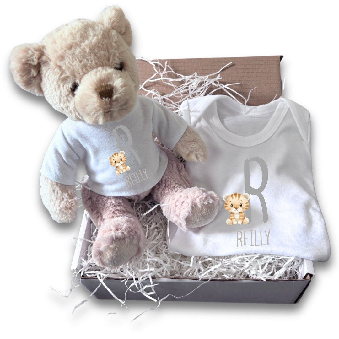 Personalised Little Tiger Name Baby Gift Hamper - Teddy & Vest