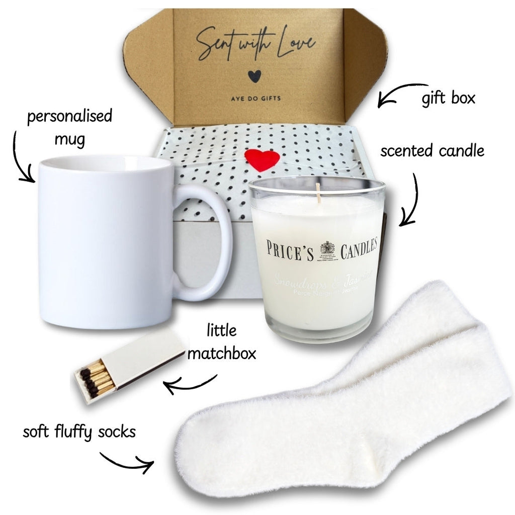 Personalised Pink Flowers Heart Name Mug, Candle & Socks Gift Hamper | Ceramics