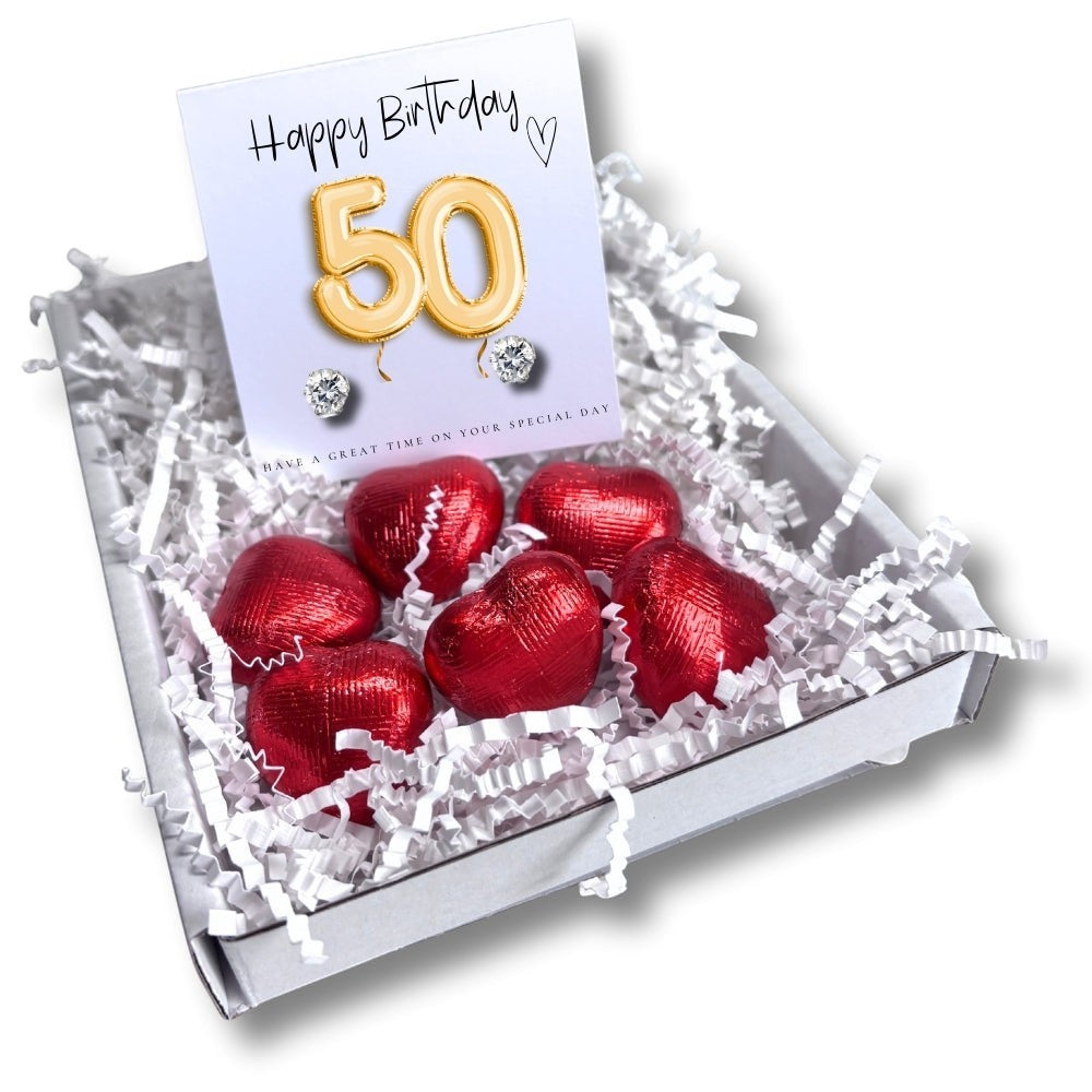 50th Birthday Cubic Zirconia Stud Earrings & Gold Balloons Mini Gift Hamper | Gift for Her