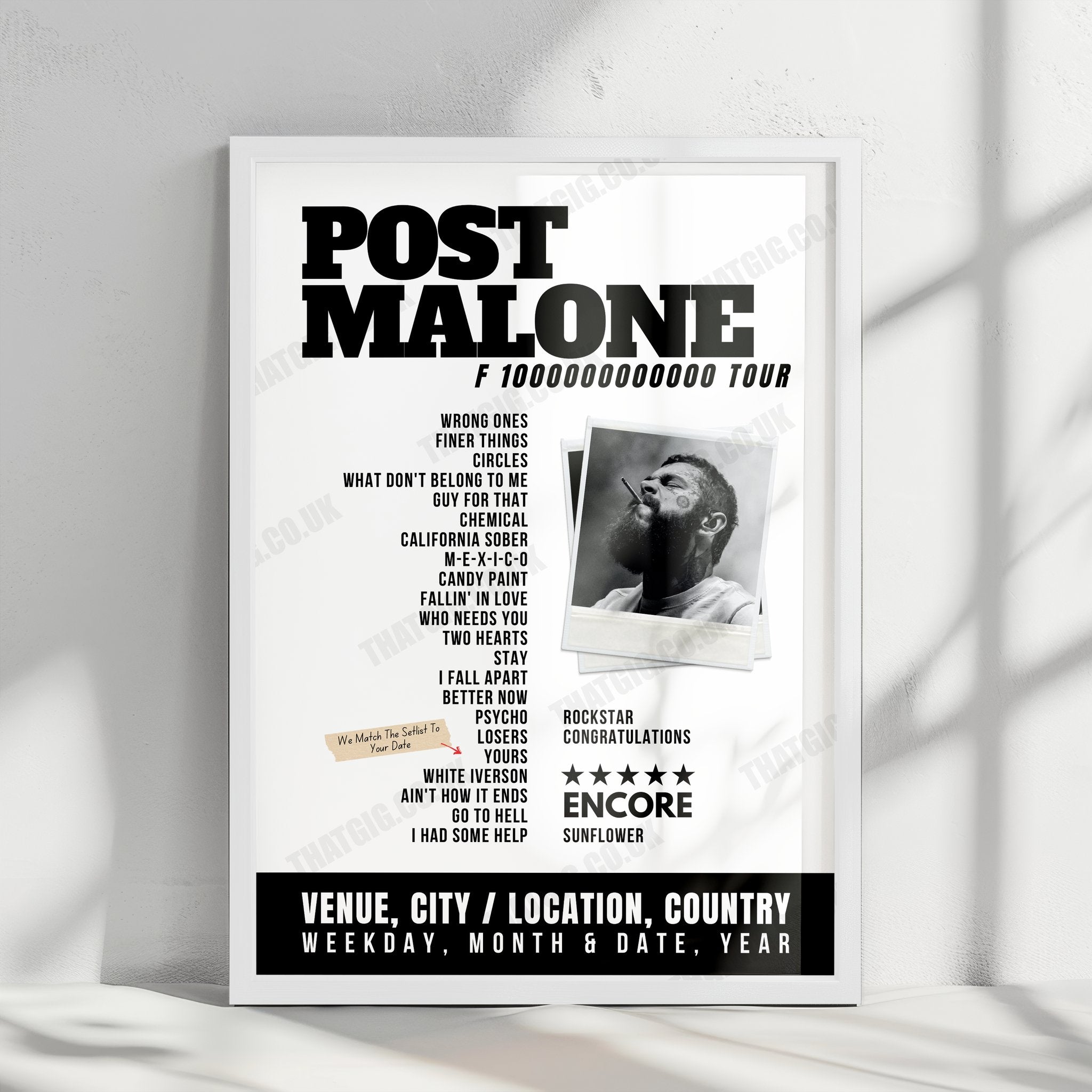 Post Malone Setlist Poster - Maine Savings Amphitheater, USA - September 16th, 2024