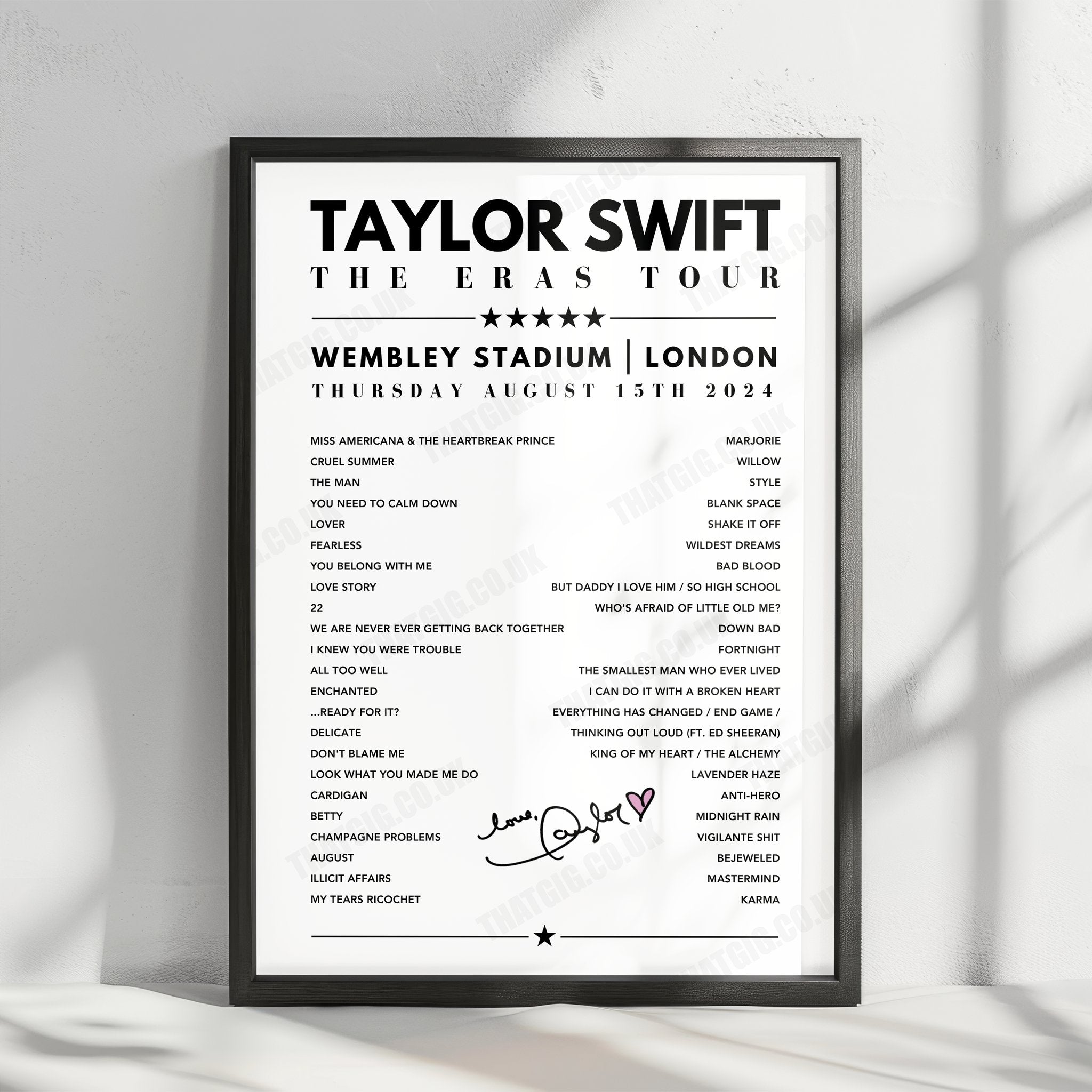 Taylor Swift Setlist Poster - Wembley, London - 15th August 2024