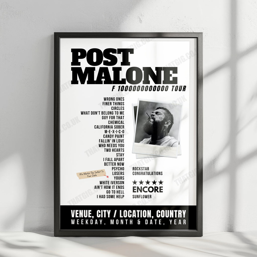 Post Malone Setlist Poster - Maine Savings Amphitheater, USA - September 16th, 2024