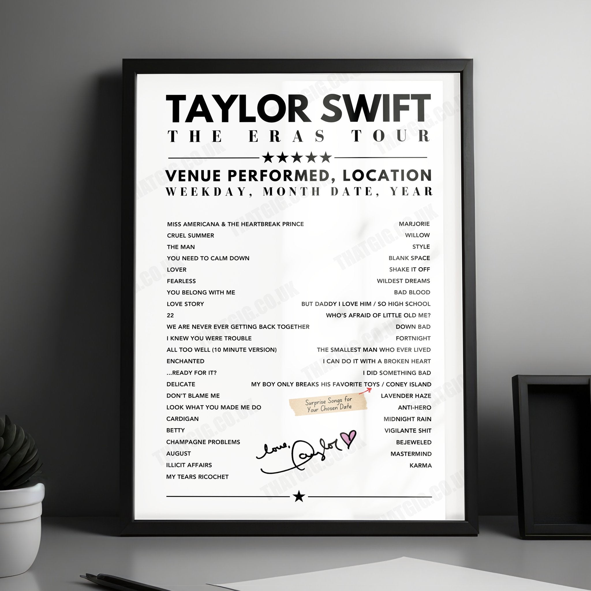 Taylor Swift Setlist Poster - SoFi Stadium, Inglewood - August 9th, 2023