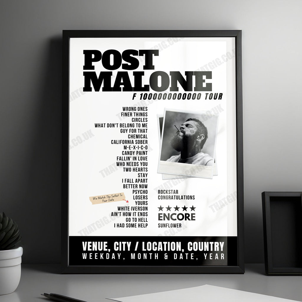 Post Malone Setlist Poster - Maine Savings Amphitheater, USA - September 16th, 2024