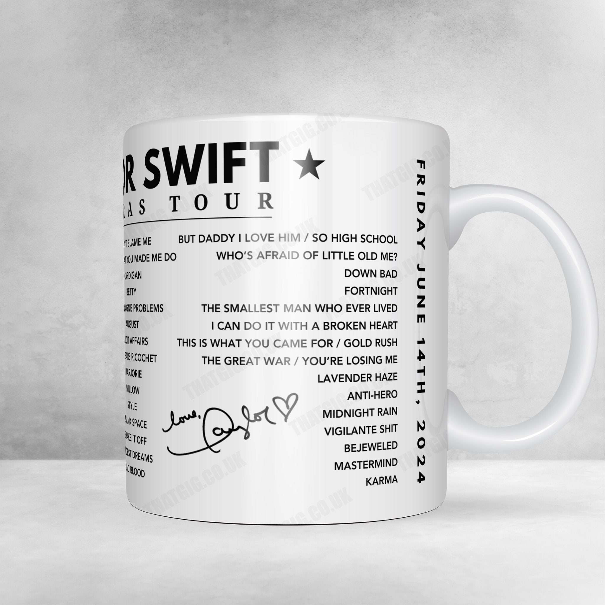 Taylor Swift Setlist Mug - Scottish Gas Murrayfield Stadium, Edinburgh, Scotland - June 9th, 2024
