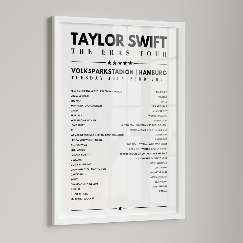 Taylor Swift Setlist Poster - Volksparkstadion, Hamburg, Germany on July 23rd 2024
