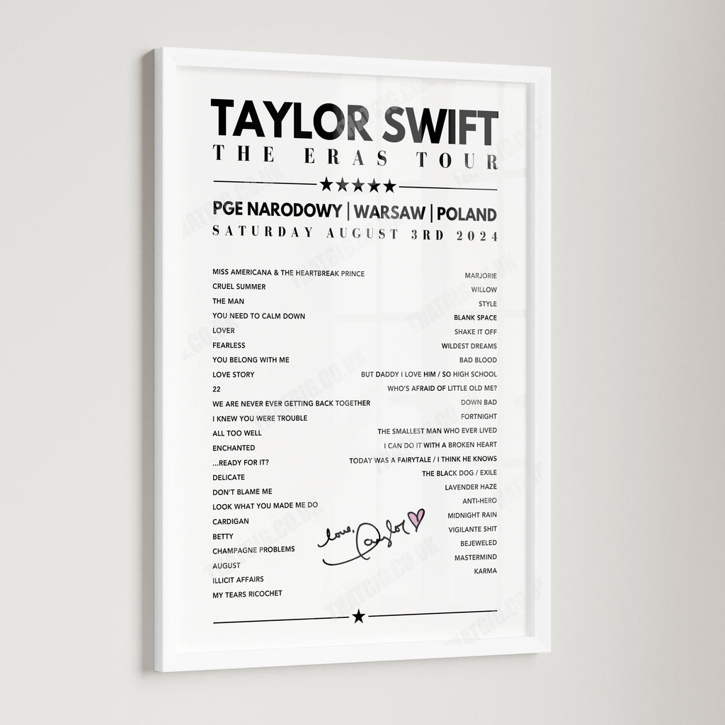 Taylor Swift Setlist Poster - PGE Narodowy, Warsaw - August 3rd, 2024