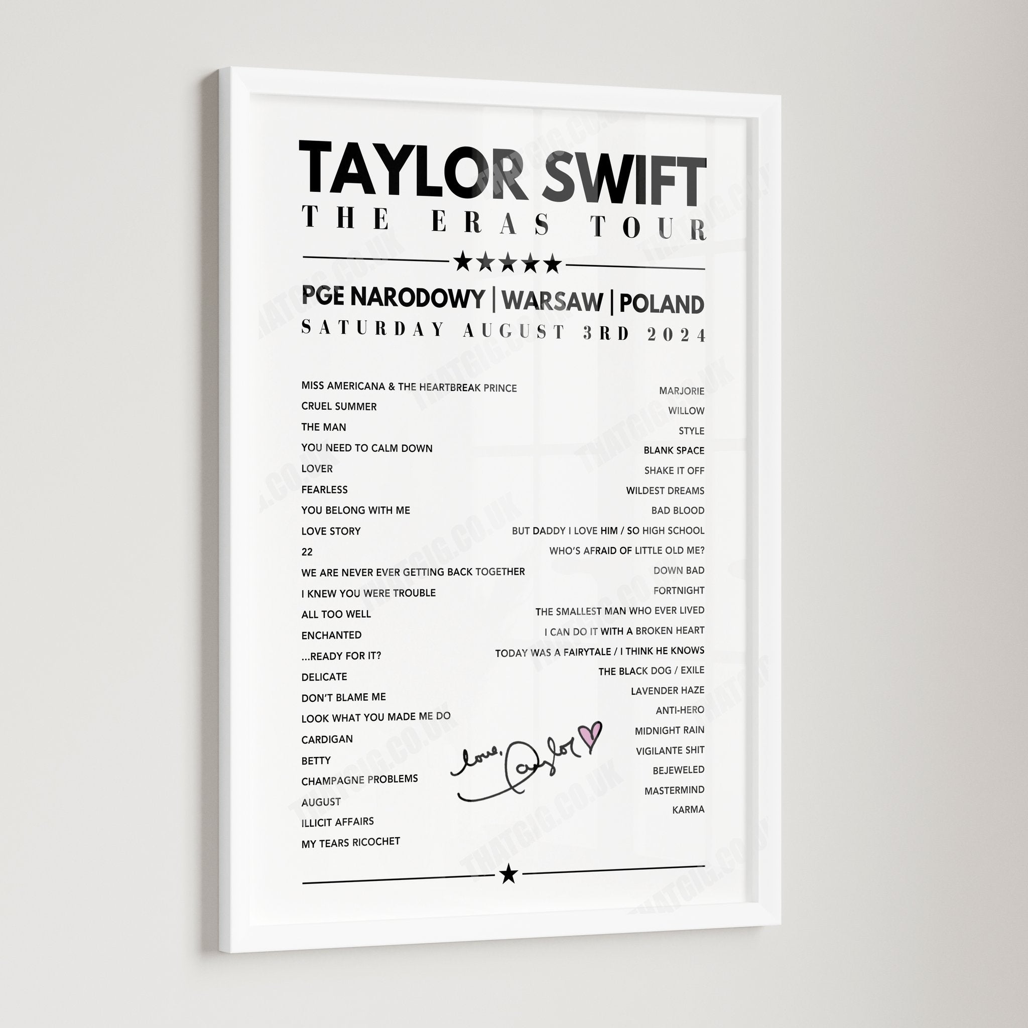 Taylor Swift Setlist Poster - PGE Narodowy, Warsaw - August 3rd, 2024