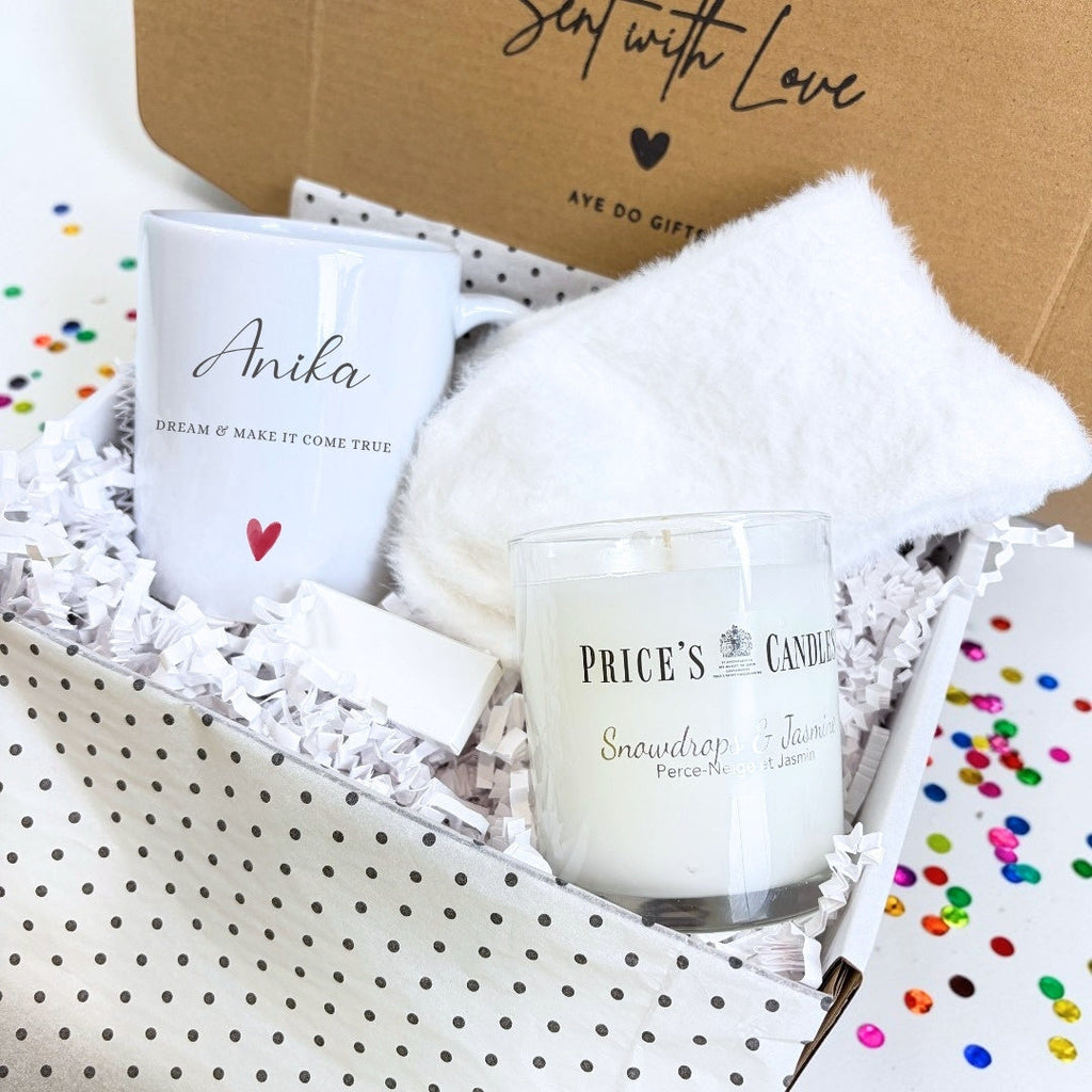 Personalised Name Mug, Candle & Socks Gift Hamper for Mother's Day