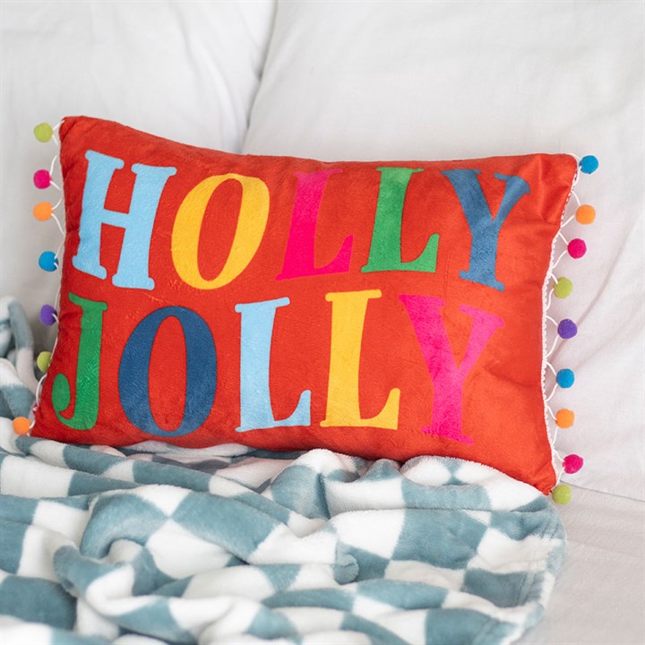 Red Holly Jolly Cushion with Pom Poms - Inspired Creative Gifts