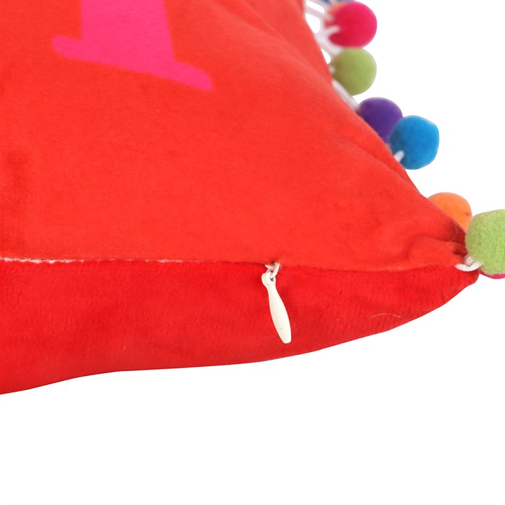 Red Holly Jolly Cushion with Pom Poms - Inspired Creative Gifts