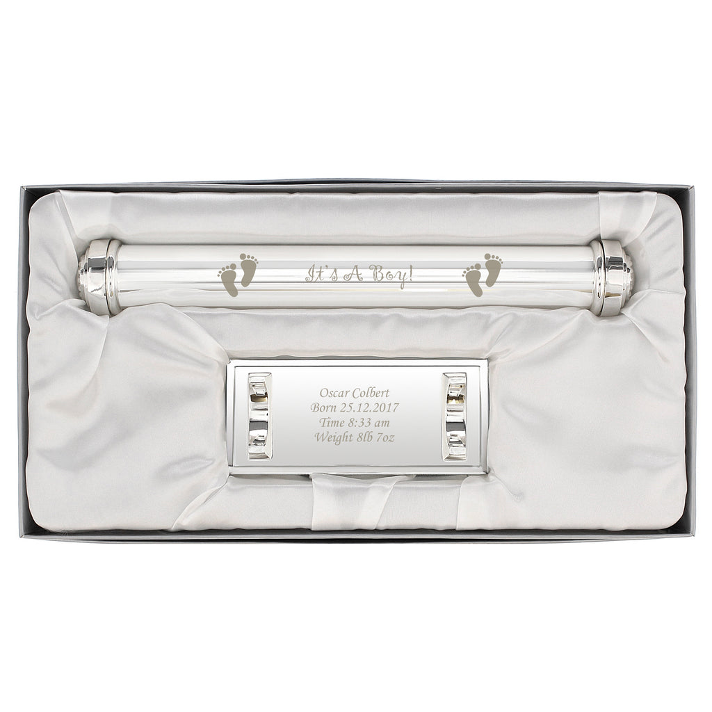 Personalised Its A Boy Silver Plated Certificate Holder for New Baby