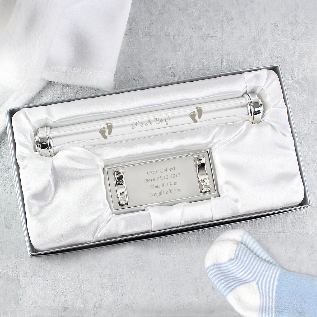 Personalised Its A Boy Silver Plated Certificate Holder for New Baby